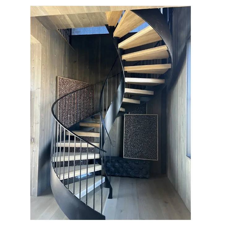 DIY Curved Shape Steel Bar Round Staircase Design Villa Indoor Iron Spiral Arc Stairs