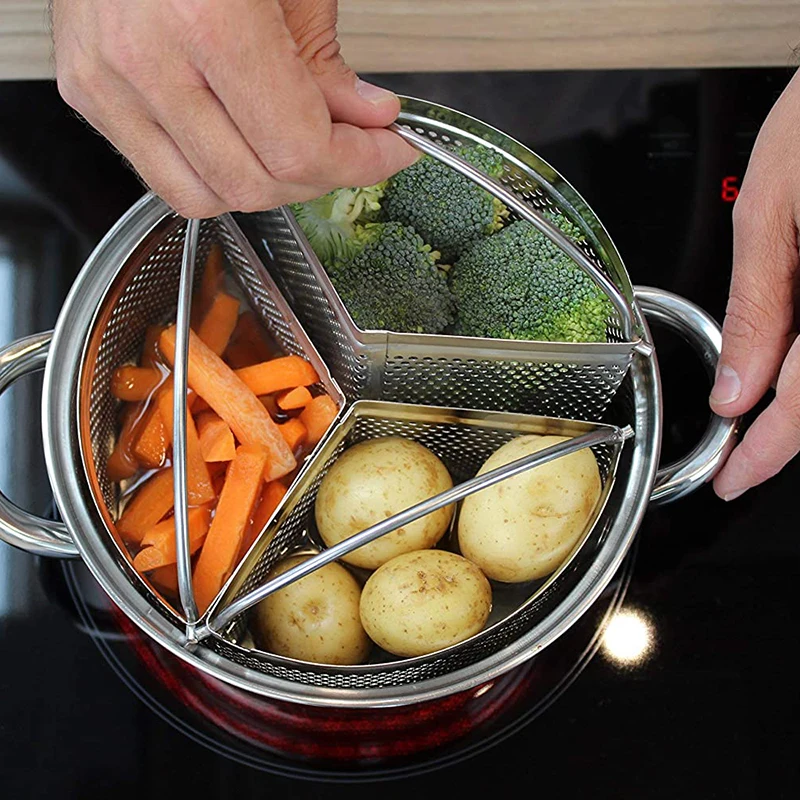 Set of 3 Stainless Steel Steamer Basket Saucepan Divider Baskets Storage Saving Kitchen Cookware