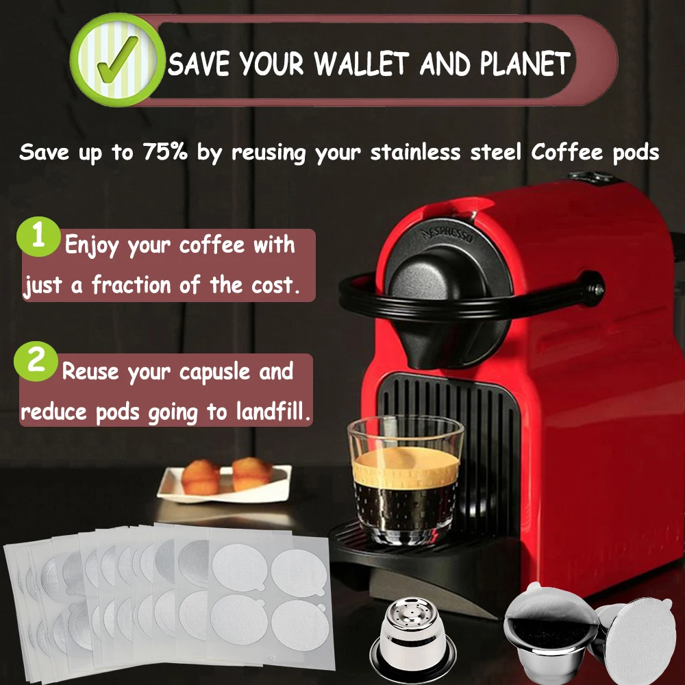 Многоразовые капсулы Nespresso с крышками из фольги 100-многоразовые кофейные подставки нержавеющей стали для