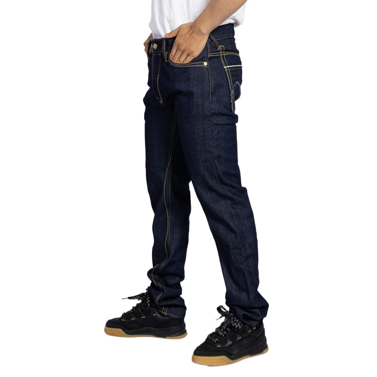 Patchwork Waist Blue Raw Denim straight jeans men slim fit