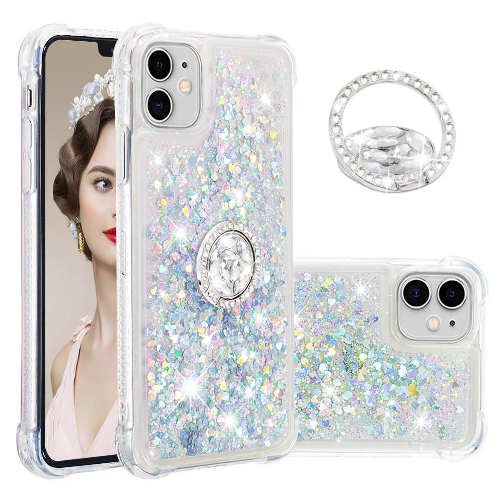 Luxury Glitter Case for iPhone 14 13 Pro Mini Floating Liquid Bling Sparkle Luxury Quick Sand Cover For Girl With Ring Holder