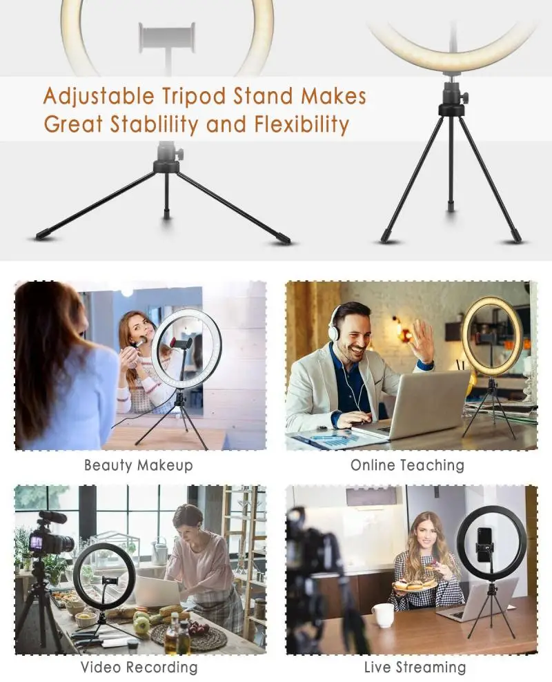 
Portable 10' Dimmable Photographic Lighting Desktop Selfie Ring Light Ring Lamp With Tripod Stand Cell Phone Holder 