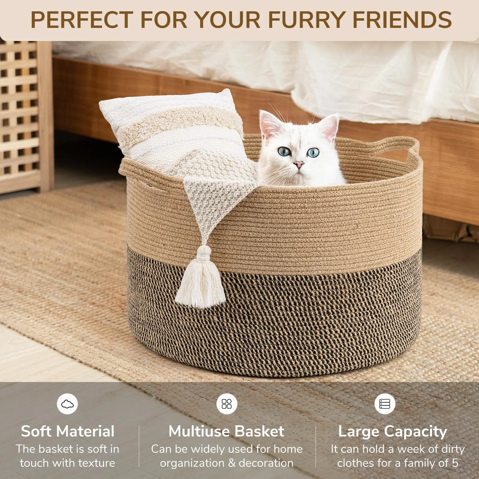 100% Cotton Fabric Large Boho Style Foldable Laundry Basket with Handmade Cotton Rope Handles for Home Clothes Storage