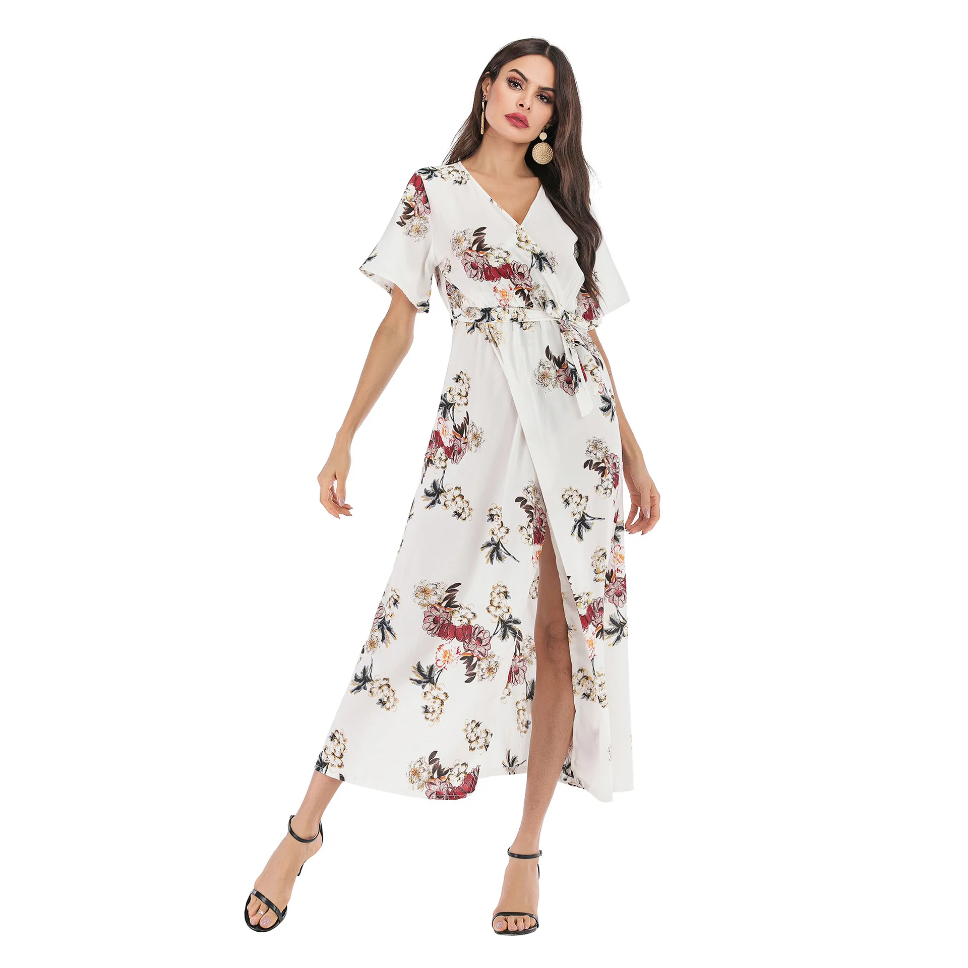 Hawaii Style Beach Blue V Neck Red Floral Print Maxi Split Chiffon Dress