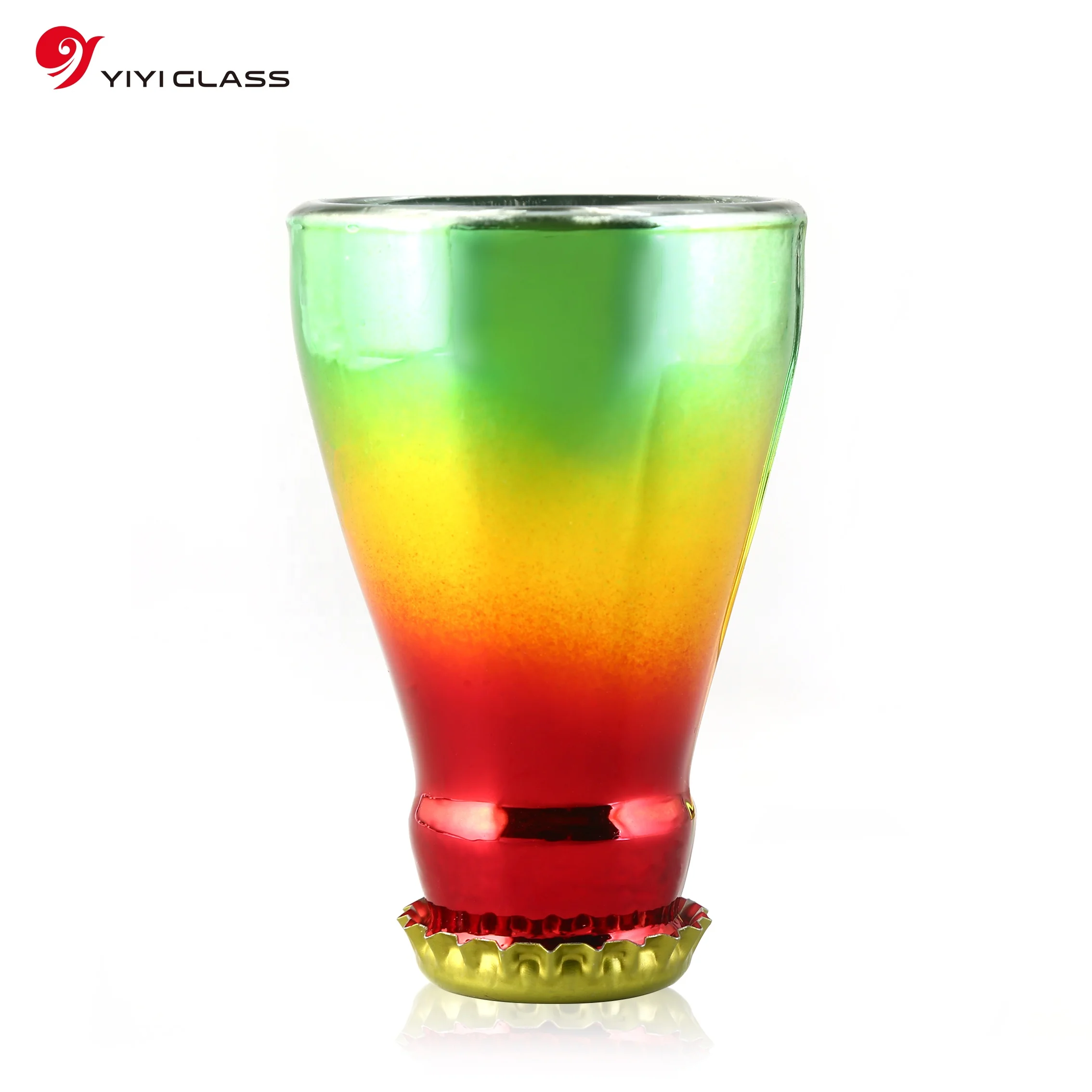 Factory 1.5oz bottle top shot glass with custom electroplating gradient color for vodka liquor small whiskey glass