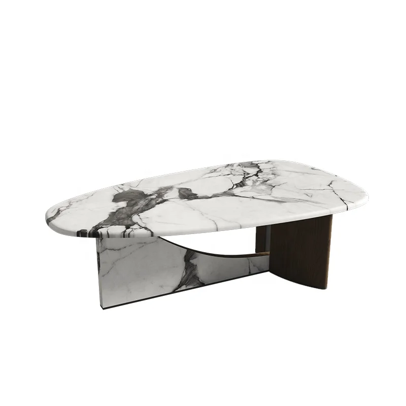 Unique modern minimalist luxury living room white ceramic marble stainless steel designer center coffee tea table with wood base