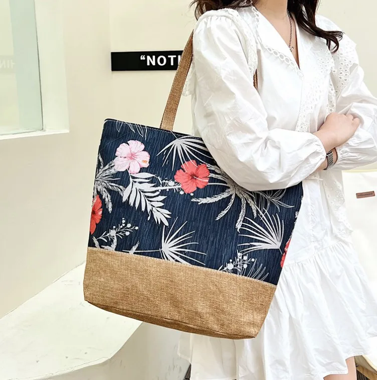 Hot Selling Trend Cotton Linen Summer Beach Towel Tote Large Capacity Shopping Bags Tropical Print Handbag For Lady