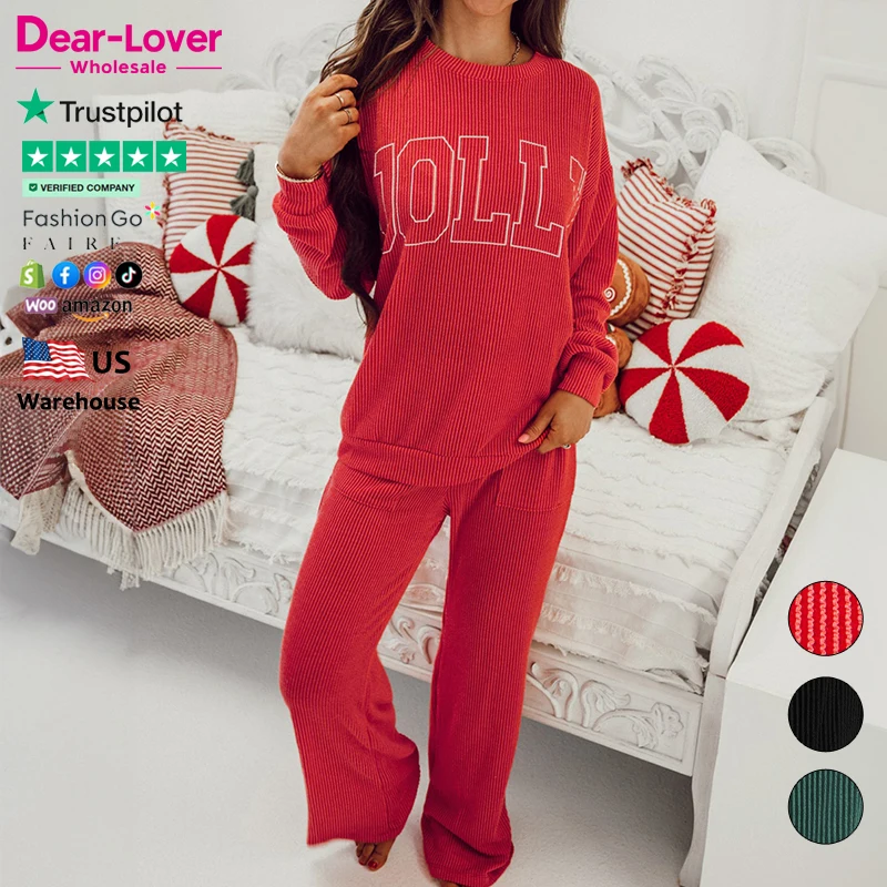Dear-Lover Wholesale OEM ODM Corded Christmas Letter Graphic Knitted Casual Corded Long Sleeve Top And Pants Two Piece Set