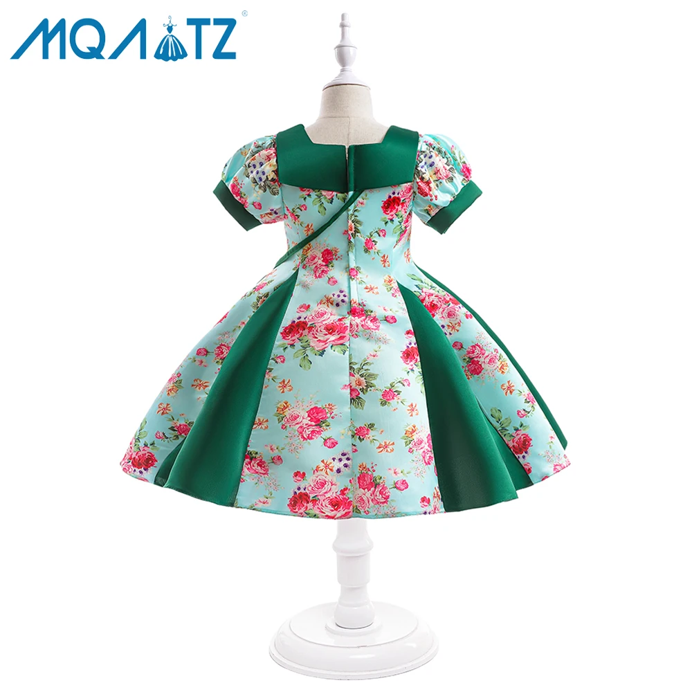 MQATZ latest design short sleeve green 5-8 year flower printed dress collar elegant frocks with free bag L5510