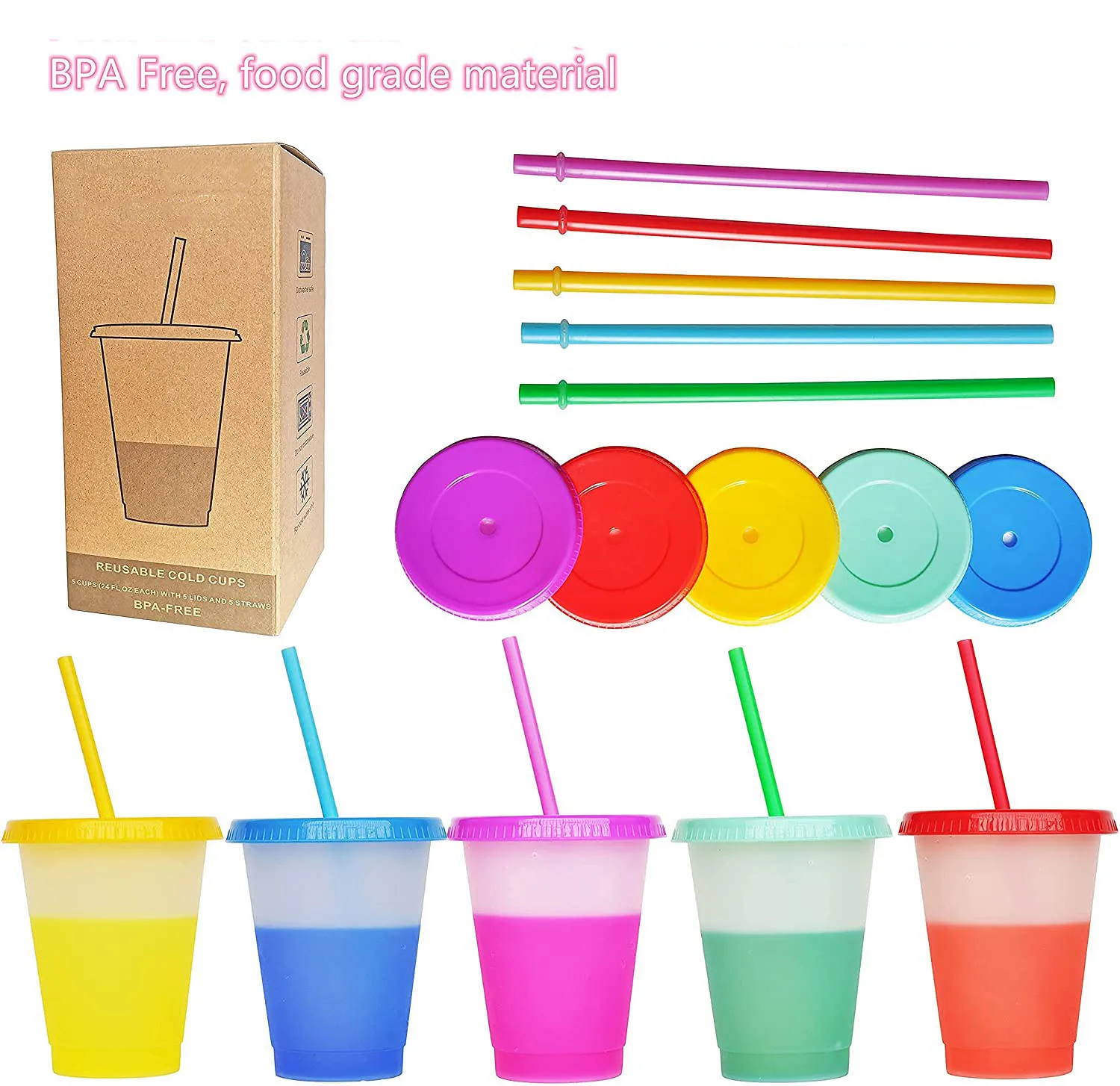 Color Changing Cups 16oz 24oz Reusable Cold Drink Cups with Lids and Straws