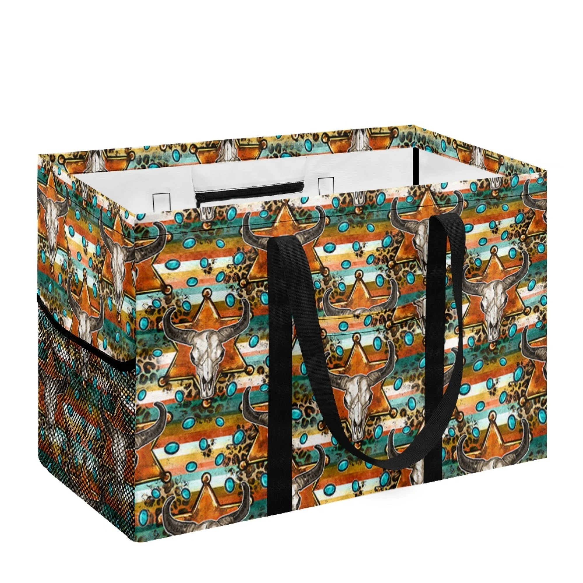 American Style Cow Bull Head Leopard Turquoise Striped Laundry Basket