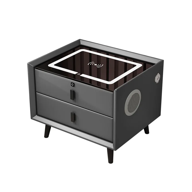 Smart nightstand modern simple solid wood light luxury leather lock bedside cabinet wireless charging function