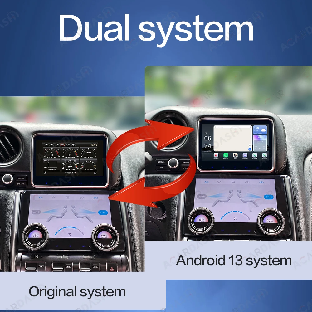 ACARDASH Android 13 Auto Radio and Air Conditioner Panel for NISSAN GTR 2009 - 2015 with Built-in wireless Carplay 4G Sim Card