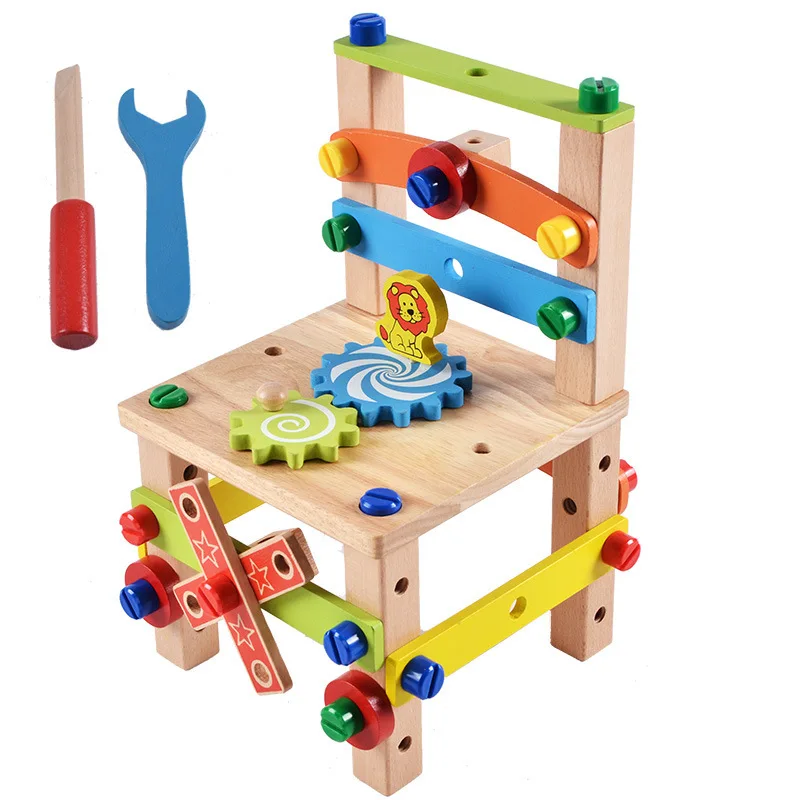 
Wholesale Kids Pretend Toys Wooden DIY Nut Screws Tools Assemble Wooden Chair Toy 