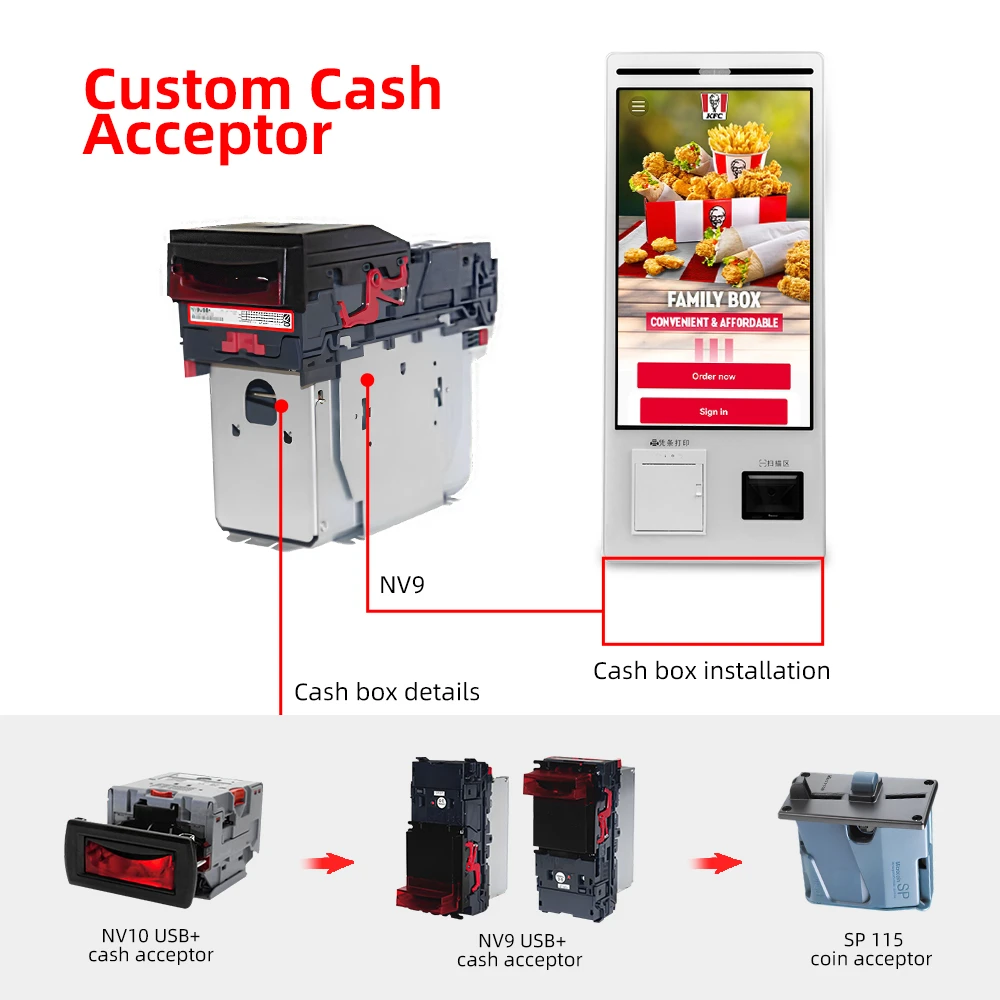 indoor payment terminal 21.5' oem customized floor standing touch screen kiosks with cash acceptor machine