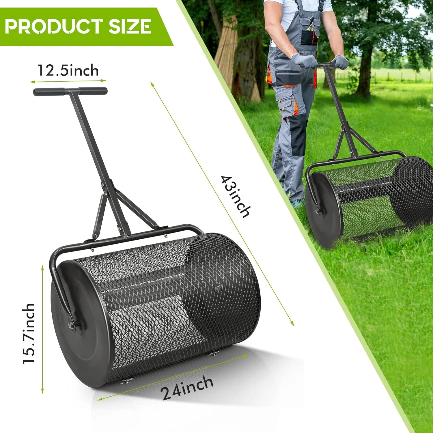 AN-TAI Lawn Spreader Roller Multi Purpose Time Saving Effective Adjustable Handle Metal Mesh Peat Moss Spreader