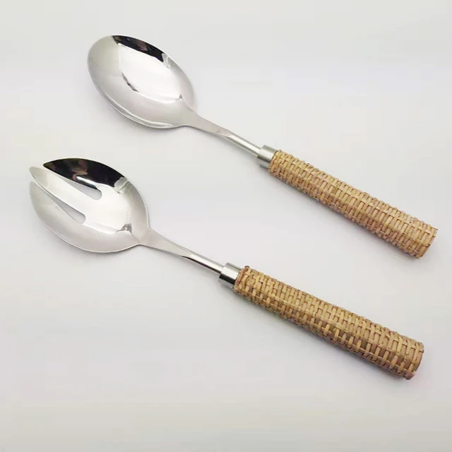 
Salad serving set with wooden bamboo woven handle 