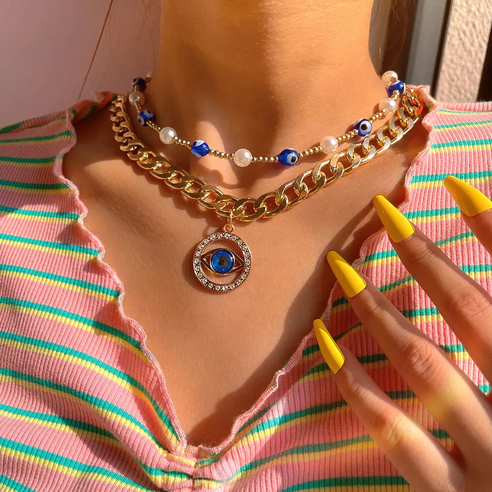 Fashionable Handmade Cuban Chain Evil Eyes Imitation Pearl Necklace For Women Round Crystal Eye Necklace