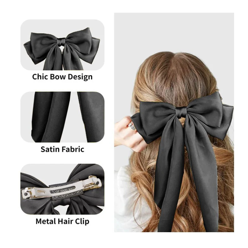 Silky Satin Long Tail mini solid color hair bows elastic hair bands for Girls Women