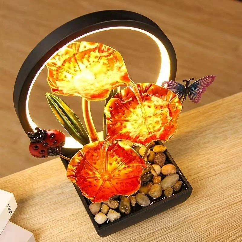 3 Tier Lotus Metal Tabletop Water Fountain Ladybug Butterfly USB-Powered Waterfall Decoration for Home and Office Decor