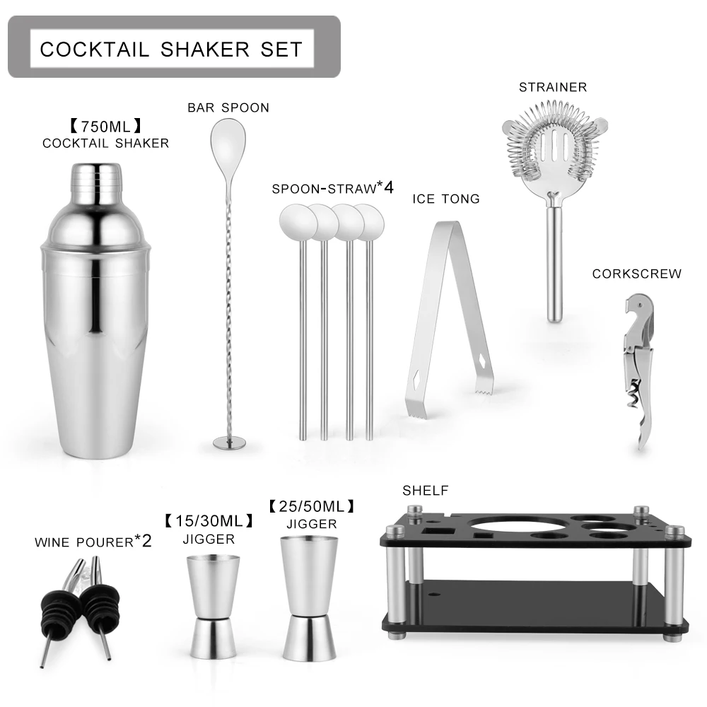 Hot Selling Bar Accessories Tools 14 pcs Stainless Steel Cocktail Shaker Set with Acrylic Stand