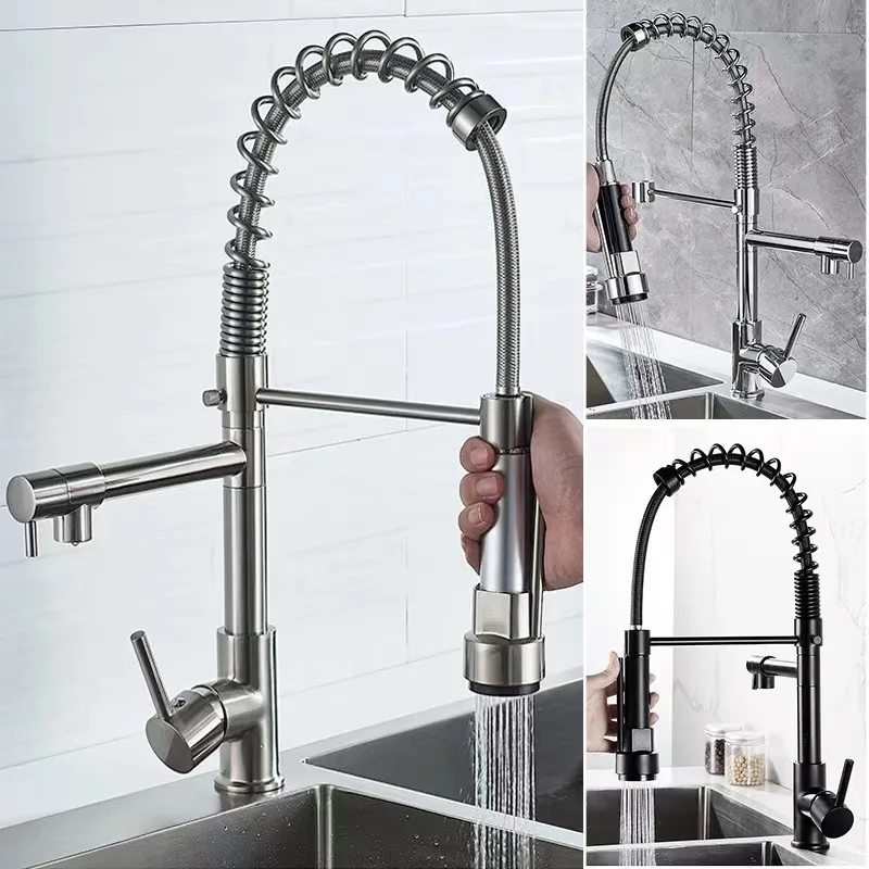 Factory Direct Durable Deck Mounted Swivel Kitchen Sink Tap Universal Rotatable Spring Flexible Pull Down Spray Kitchen Faucet