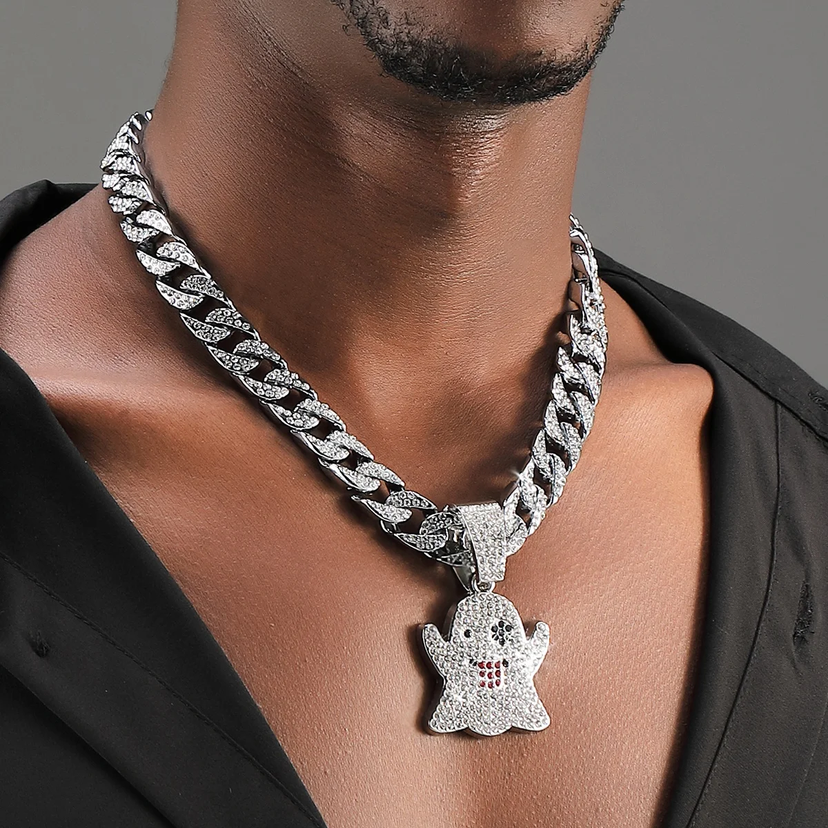 Manufacturer hip hop diamond funny ghost pendant chain gold plating chain necklace pendant for men jewelry