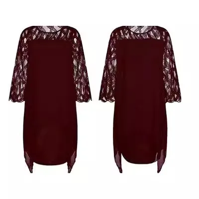 Wholesale European American Seven-Point Sleeve Irregular Hem Chiffon Dress with Lace Stitching Available on