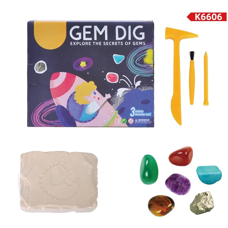 2023 Hot Selling Educational Toy Science Kits Child Excavation 6pcs Gemstone Dig Kit Archaeological Toy