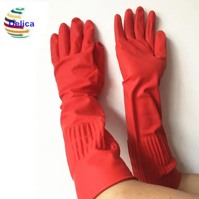 Household Rubber Gloves Red Pink 100grams Long Sleeve Latex Rubber Gloves Cotton Lined