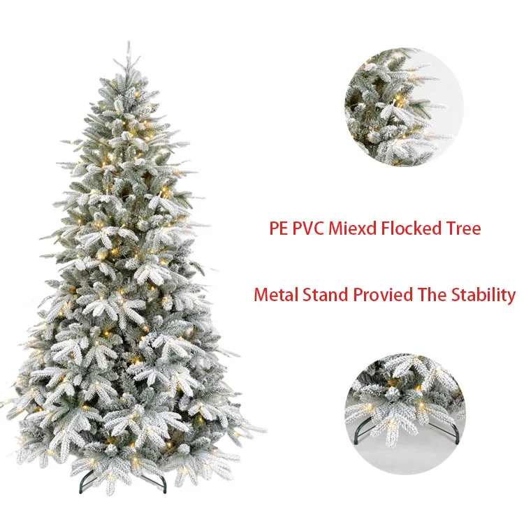 New Design Holiday Indoor Home 7ft PE PVC Flocked White Artificial Christmas Tree With Lights