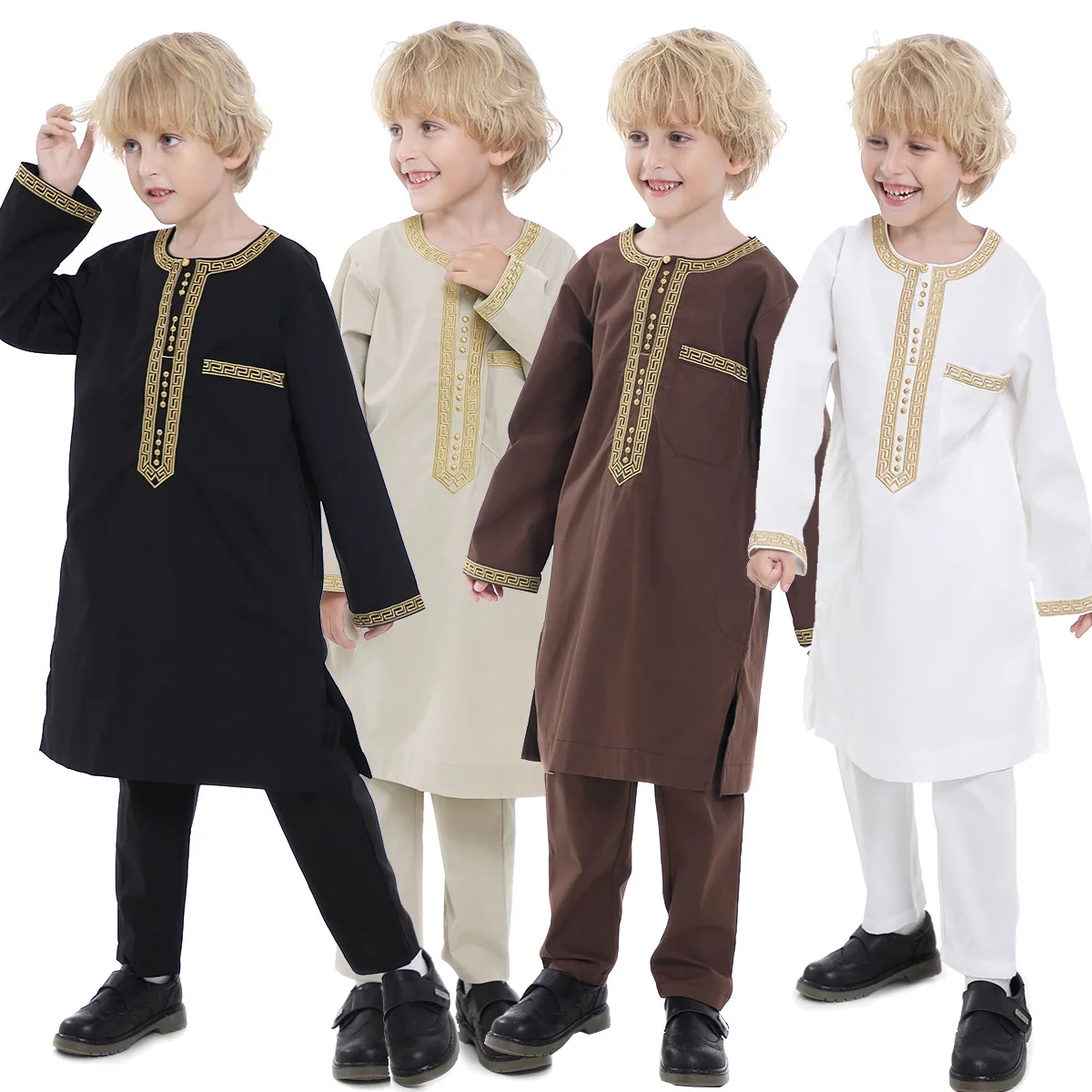 Hot Factory Price Solid Color Muslim Arab Boy 2 Piece Set Thobe Of Kids Abaya Dubai Eid Clothes For Kids Party Dress