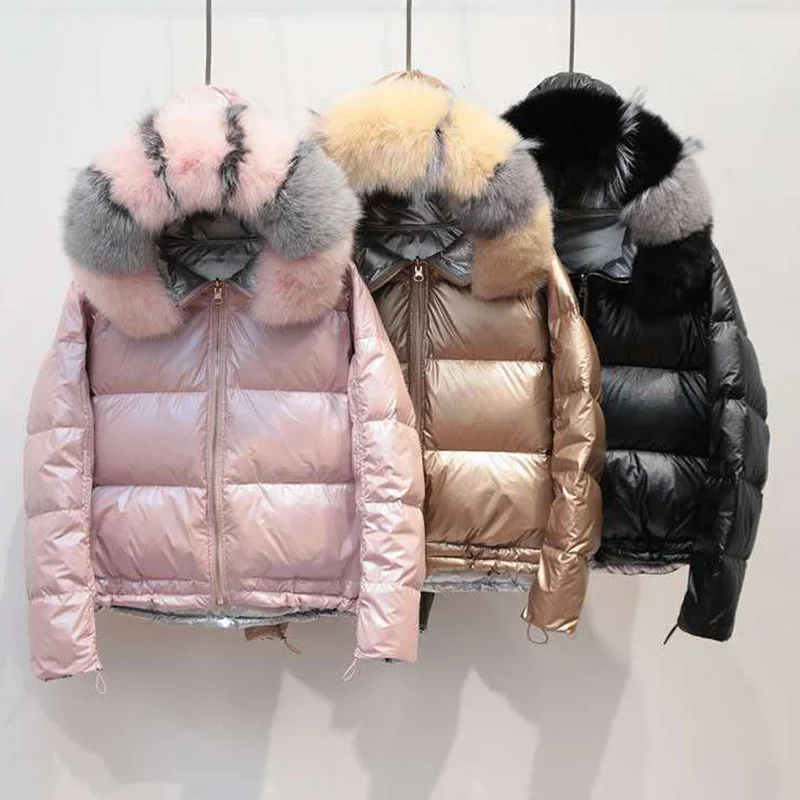 Winter Women Reversible Glossy Gold Silver Boxy Crop Parka Puff Jacket Ladies Short Fox Fur Collar Bubble Down Coats