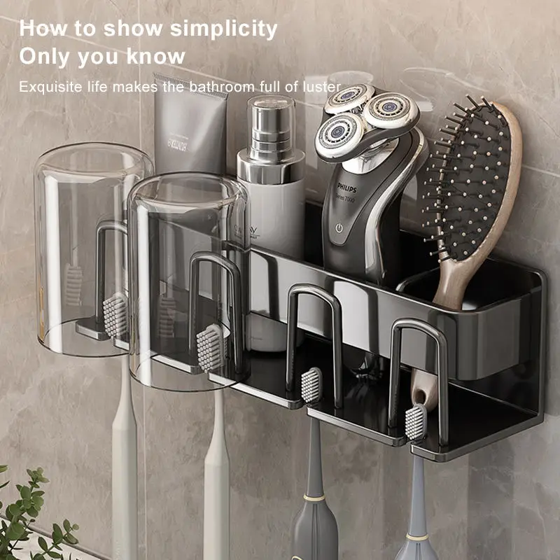 Punch Free Toothbrush Holders Multifunctional Storage Rack For Bathroom Wall Mounted Toothpaste Toothbrush Cup Organizer