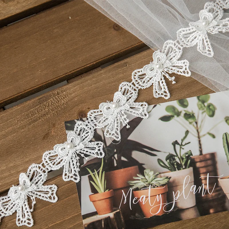 Pearl Embroidered Organza Lace Trim Ribbon Applique Fabric Handmade Diy white  Butterflies for Wedding Dress Sewing Craft