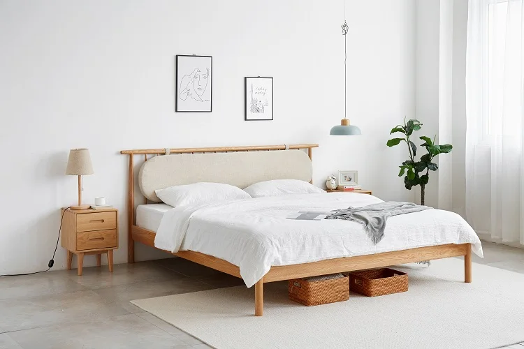 A1013 Simple modern style solid OAK wood Vertical bar bed set queen king size bed designer furniture