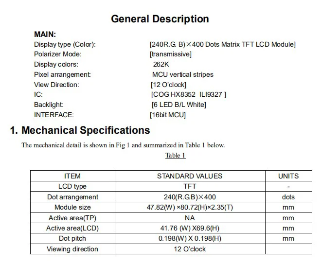 3.2inch tft lcd 240x400 with touch and MCU 16bit interface