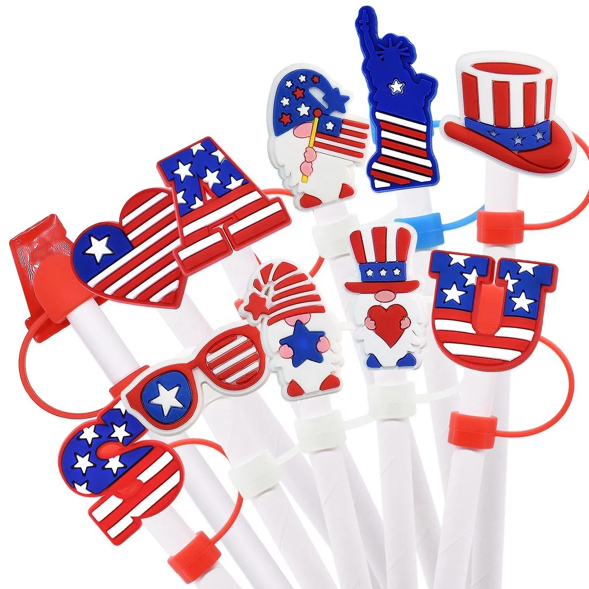 Wholesale American Pvc Rubber Straw Topper Fashion Custom Heart Star Usa Flag 8mm  Straw Topper For Kids Women