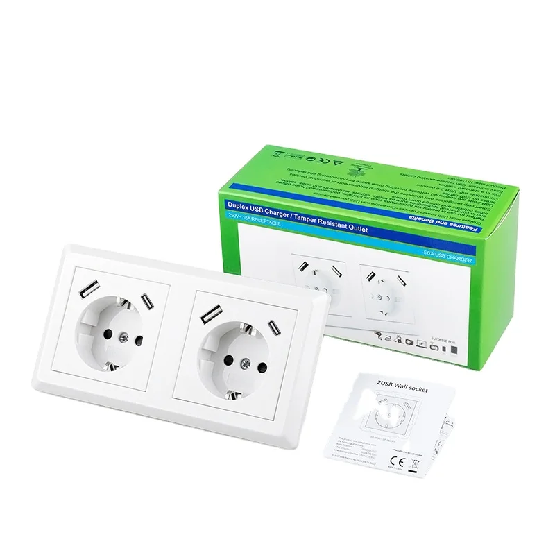LEISHEN SP-9633F2B Patent  EU Standard hot selling German FLUSH-MOUNTED double Wall SOCKET and Schuko Socket with Dual USB