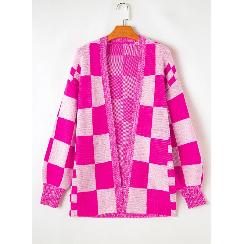 Dear-Lover Wholesale Fast Shipping Fashion New Winter Checkered Printed Ribbed Trim Open Front Knit Sweater Cardigan
