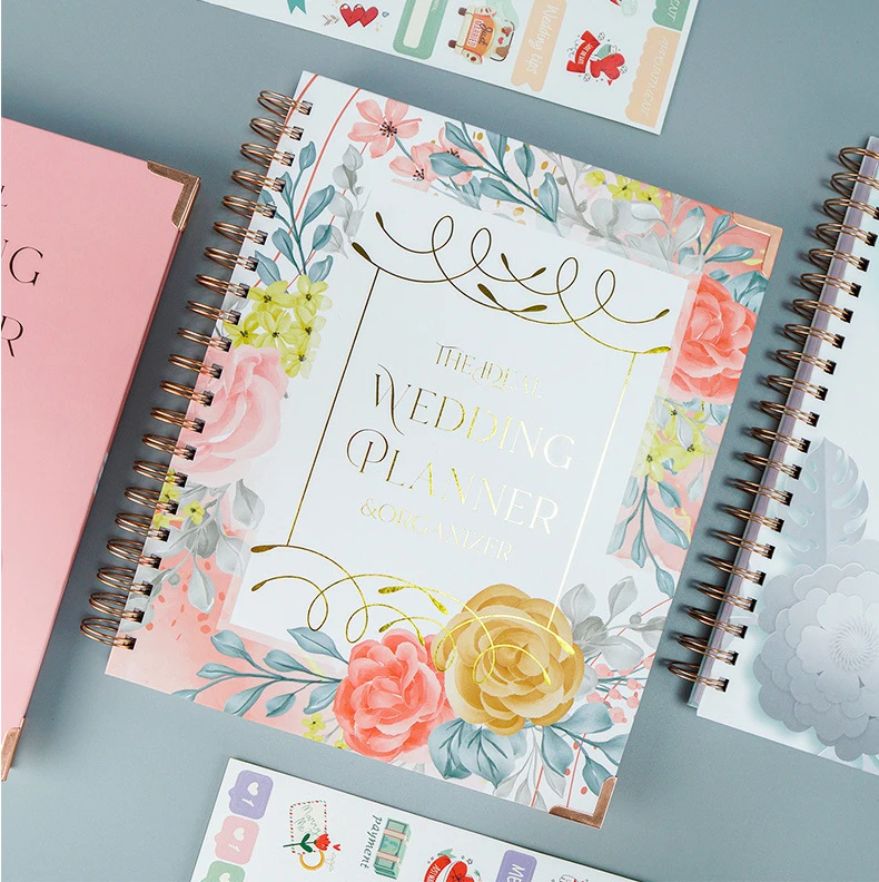 Hot 10 Themes Loose Leaf Gold Stamping Rose Metal Edges Hot Wedding Book A4 Planner Notebook for Wedding with Tabs