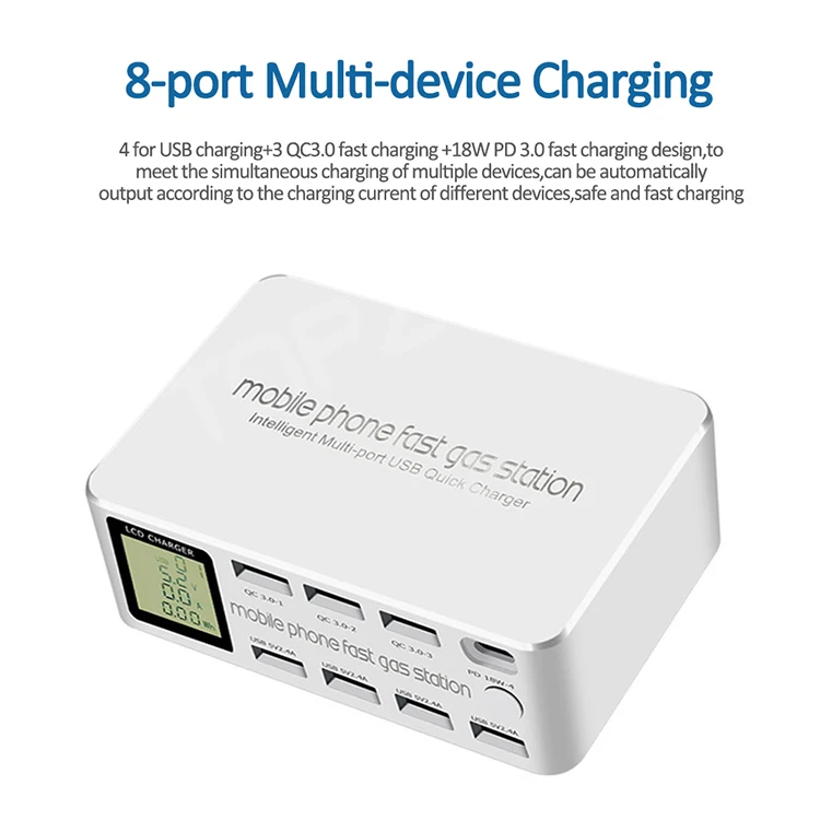 
8 Ports 100W USB-C PD QC3.0 Smart Charger Multi Ports Mobile Phone Charger Laptop Desktop Fast Charger 
