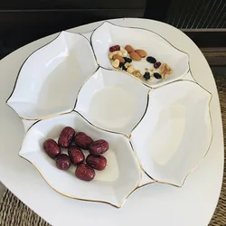 Household Gold White Porcelain Plate Ceramic Combination Dried Fruit Snack Plate Compartment Tray