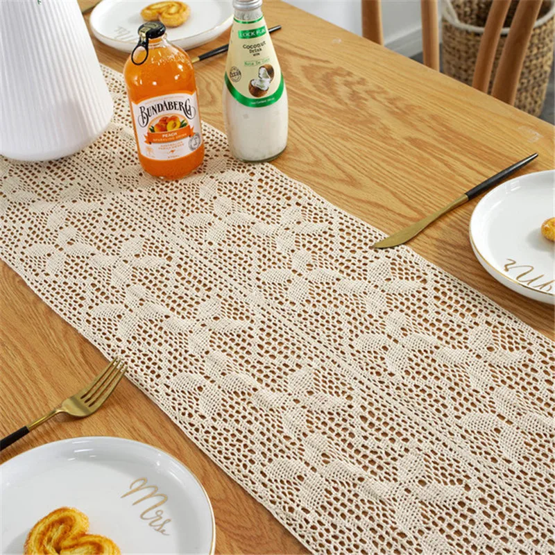 T010 Crochet Hollow Lace Tassels Beige Wedding Decor Table Runner, Romance Table Cover Coffee Table Runner
