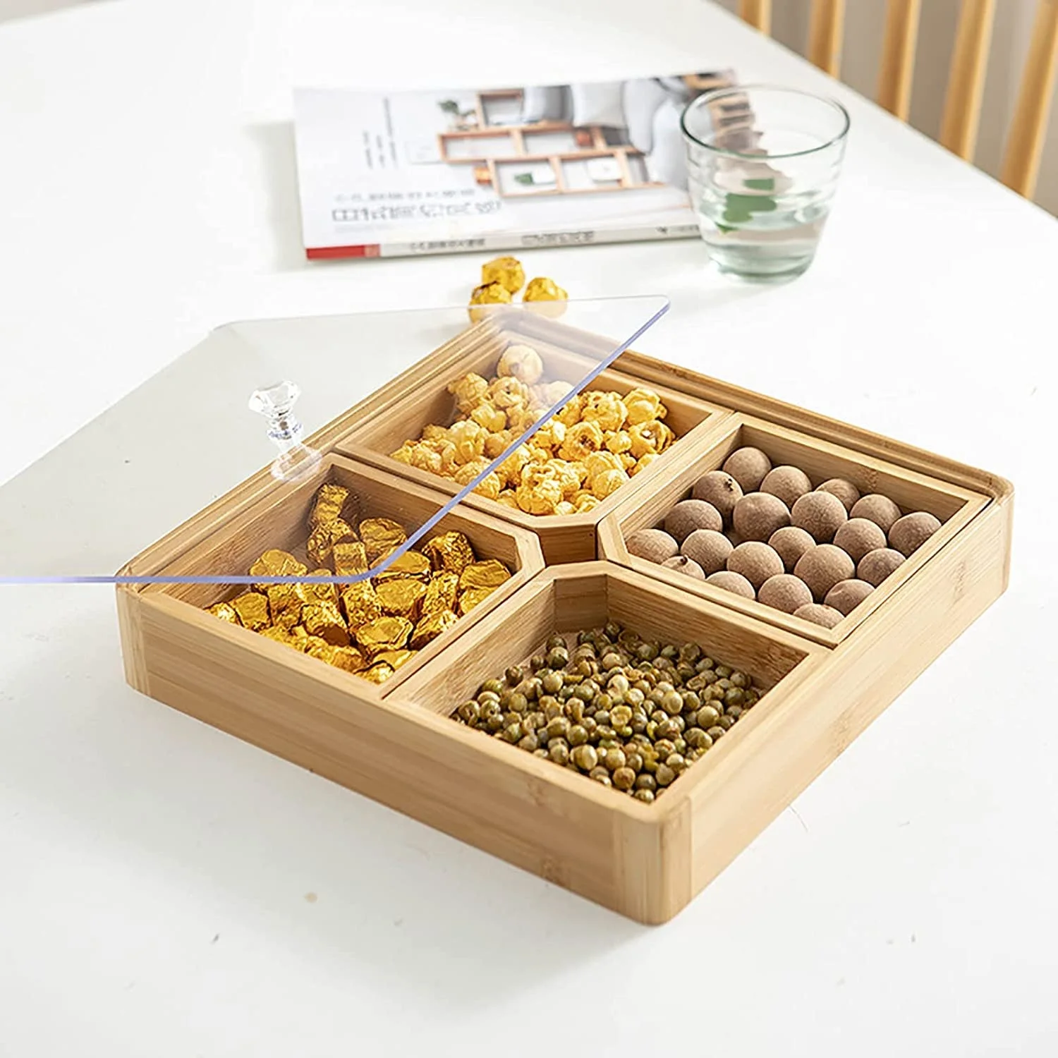Custom High-quality square Bamboo Candy and Dried Fruit Tray Snack Storage Box Wood Boxes