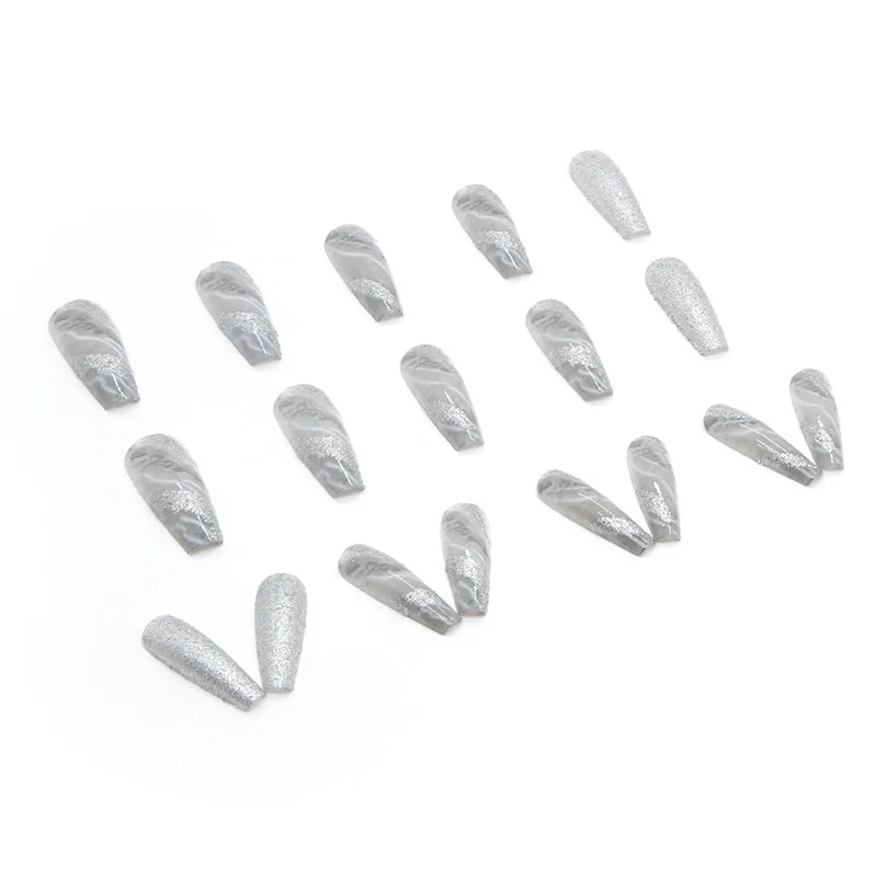 Succsion Hot Sale High Quality Ballerina Gray Marble Long Luxury Press on Nails 24PCS Fake Nails for Nail Beauty