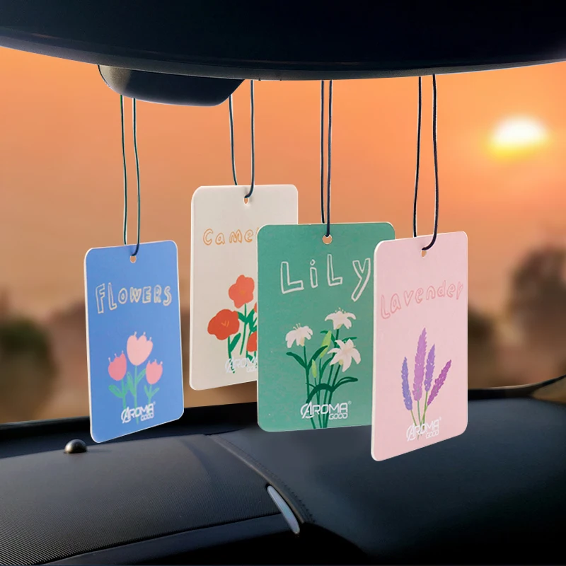 printing factory custom hanging fragrance card perfume paper card car air freshener with rope