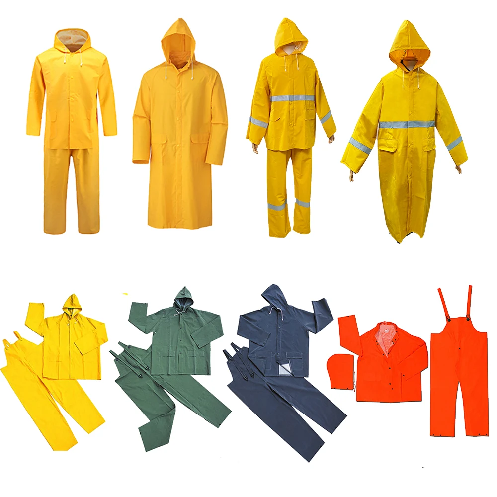Cheap custom yellow heavy duty waterproof work rain coat adults men pvc hiking rainwear raincoat with hood