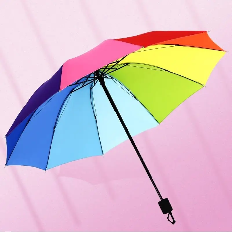 DD3489  Windproof 3 Fold 10K Manual Sun Umbrella Promotion Stick Rain Umbrellas 10K Automatic Colorful Rainbow Umbrella