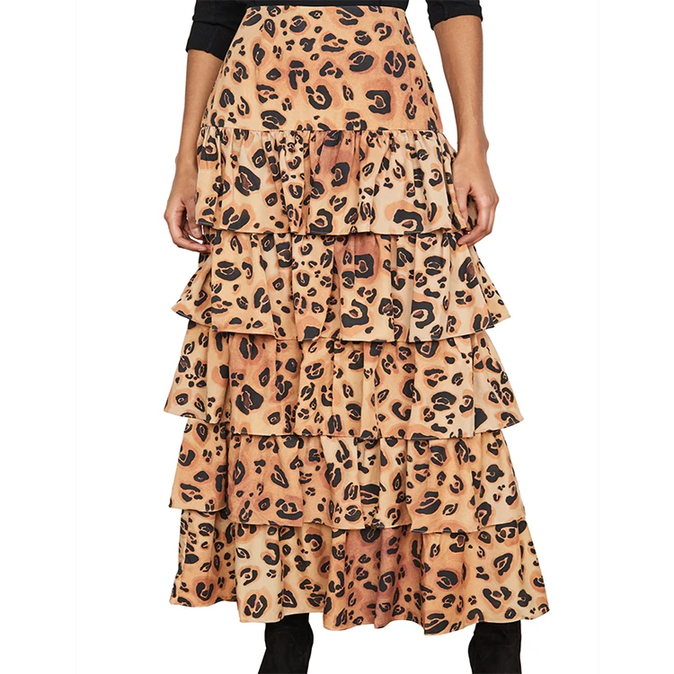 OEM fashion design leopard printed ruffles long maxi dresses and skirts for women